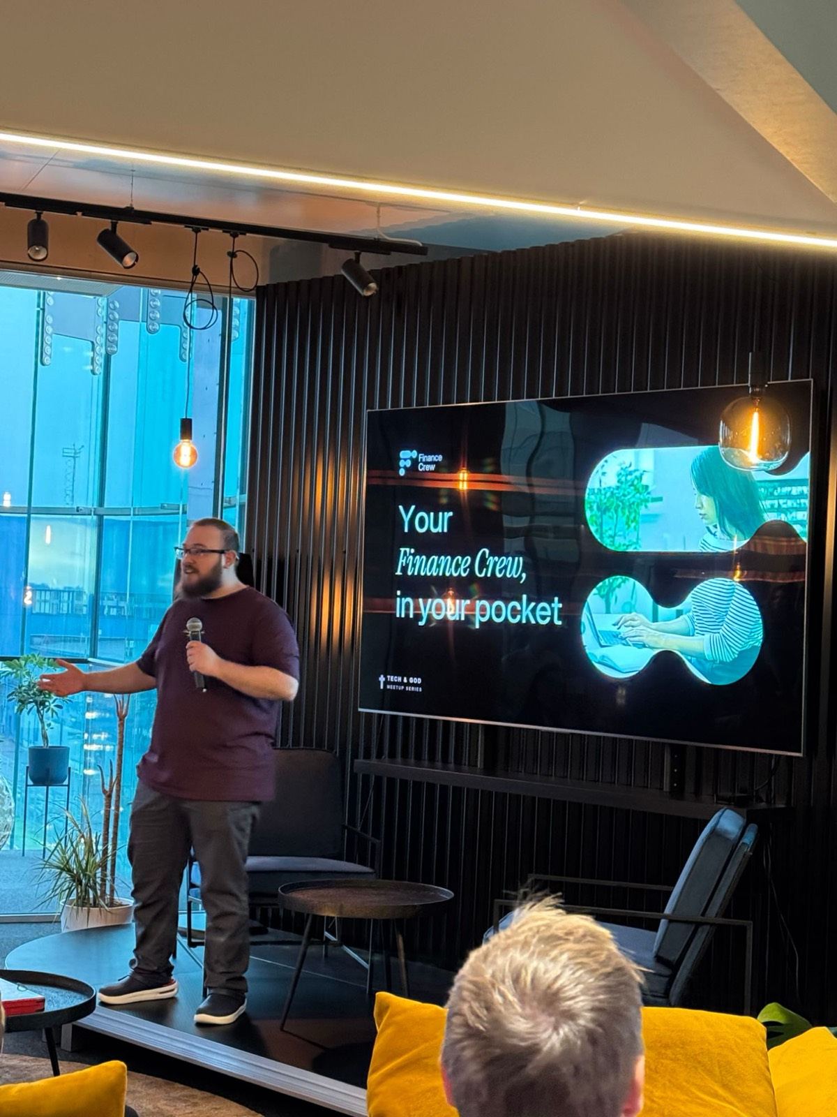 Finance Crew founder speaking at a Tech & God meetup
